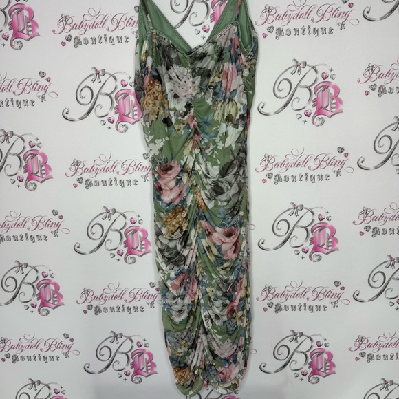 Mind code dress cinched stretchy mesh sexy flowers π Floral Green Dress - Picture 10 of 10